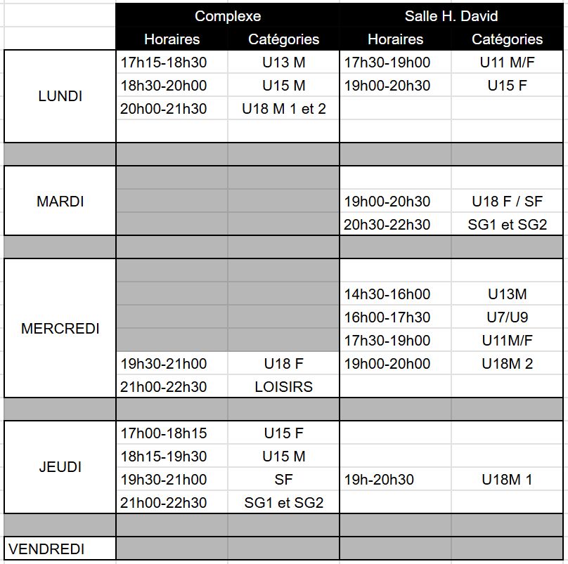 Planning des entrainements à partir du 04/11/2024